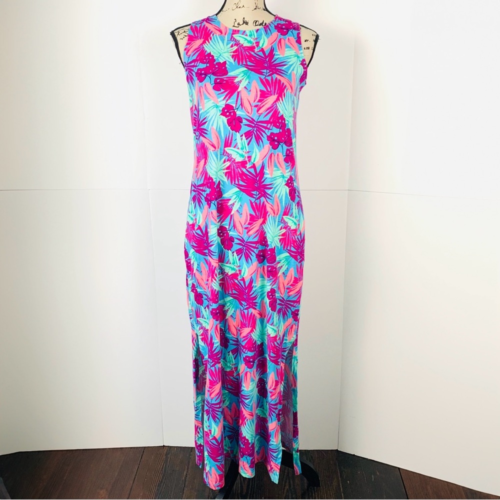 Lands End Women XS 2-4 Maxi Tank Dress Cotton Tropical Side Slits Pockets Travel
